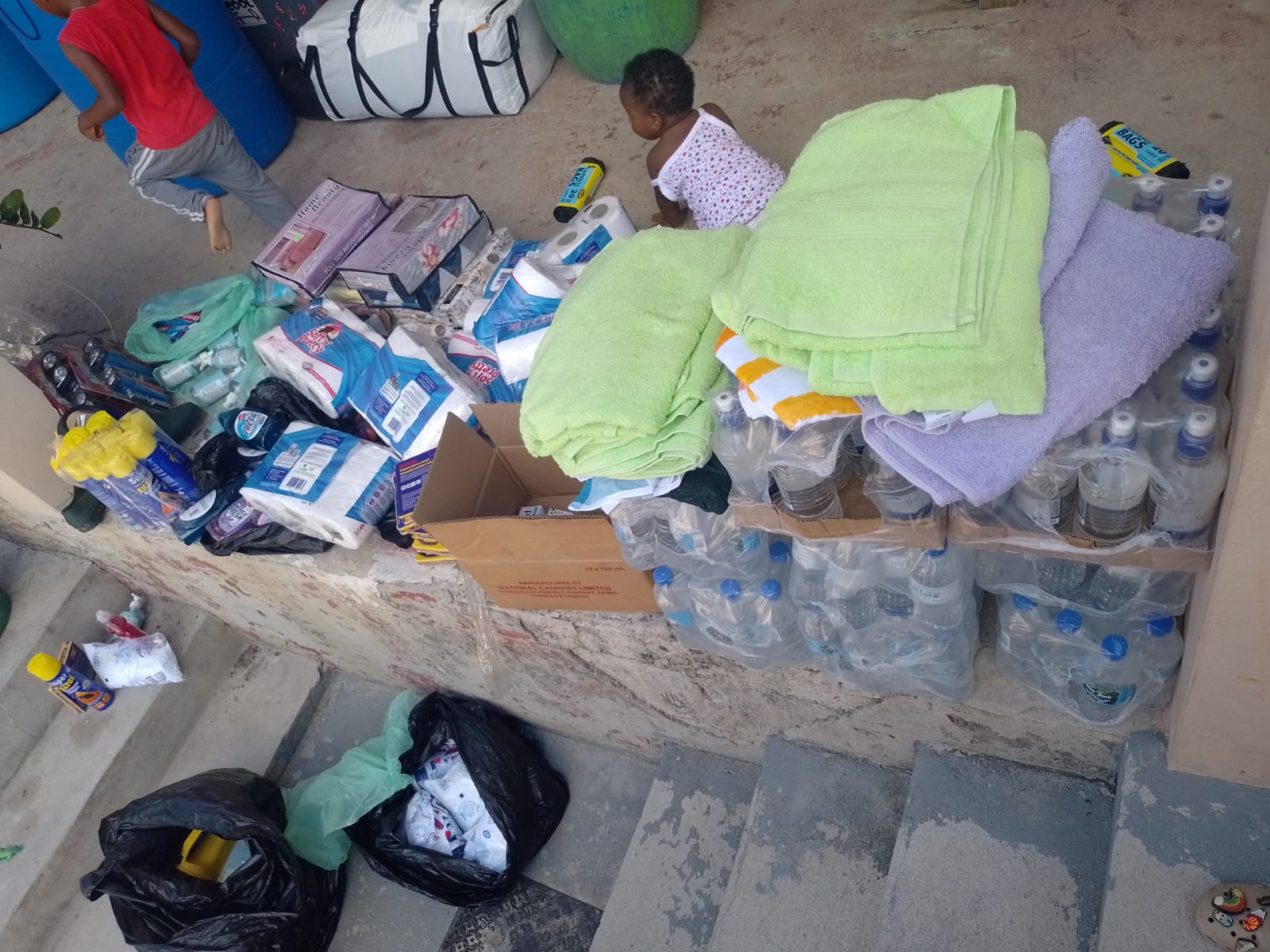 Disaster relief items including water and blankets