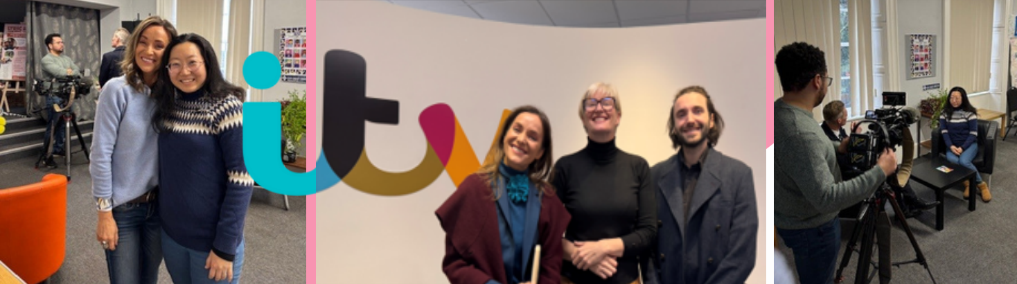 3 images: two people standing with ITV logo over the top. 3rd image a woman is being filmed.