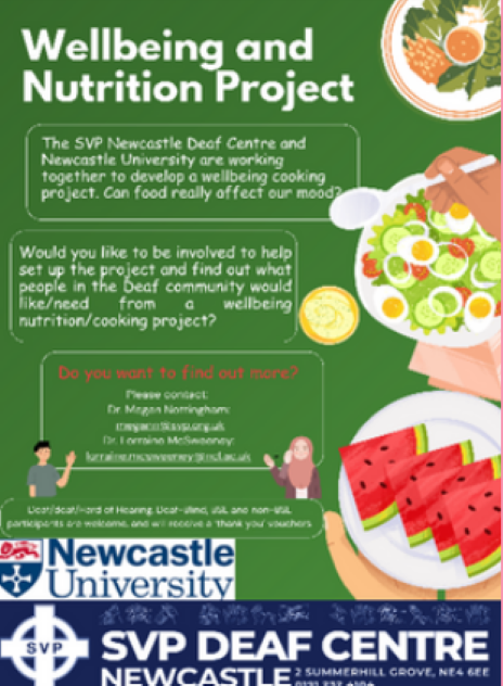 Poster showing the collaboration between Newcastle Deaf Centre and Newcastle University.
