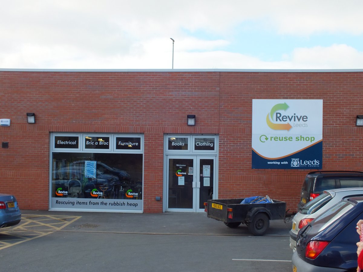 Revive centre or shop Leeds red brick building with white, green and orange signage